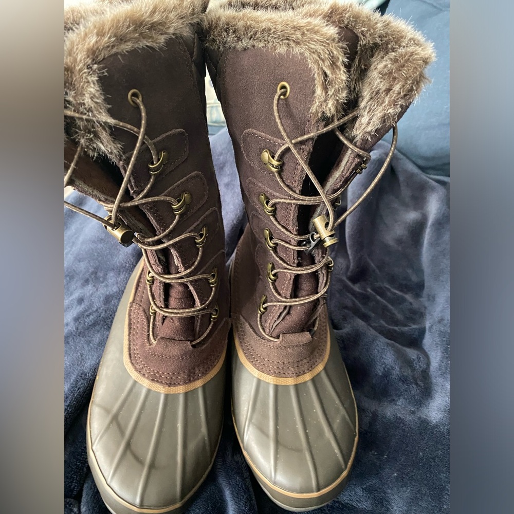 Lands End Women’s Boots. Worn once. Brown and olive green. Zip up. Faux fur. 6.5